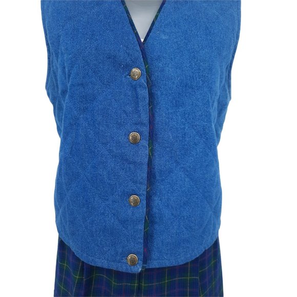 VTG 90s Koret City Blues Quilted Denim Metal Snap Vest Plaid Pants Set Size 8 - Picture 3 of 12